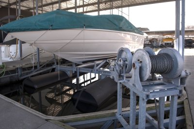 White lifted boat in Tampa, FL