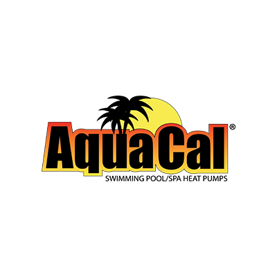 AquaCal logo with the company name in front of a yellow sun and palm trees