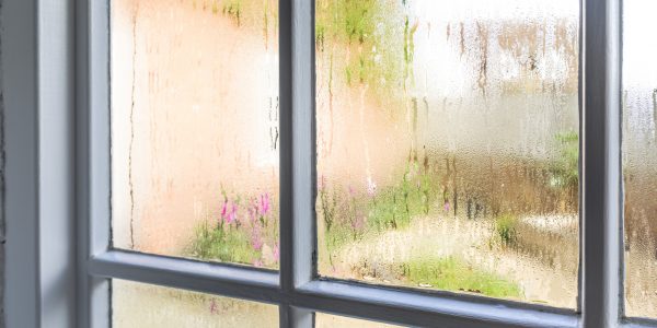 Condensation on an old window of a home